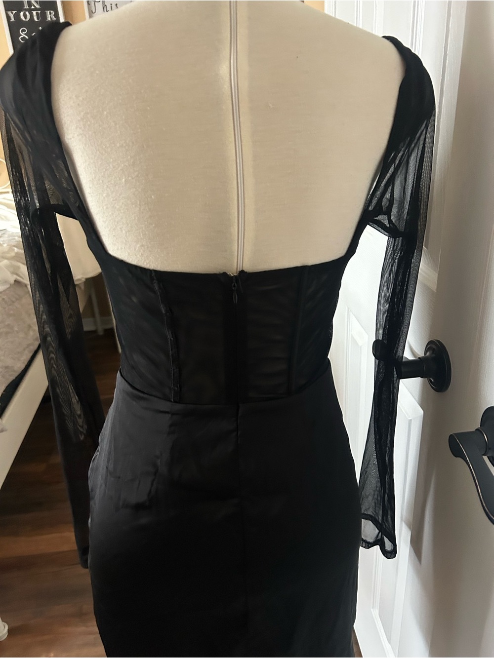 Sleek Black Mesh Sleeve Corset Mini Dress - Picture 3 of 5